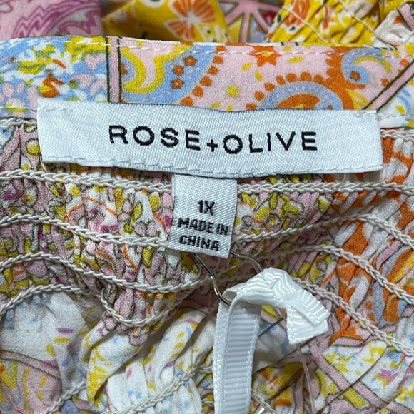 New Rose & Olive Size 1X Tunic Blouse Top Pink Yellow Patchwork V-Neck - Picture 4 of 9